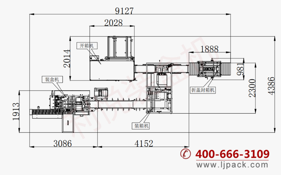 推入式開箱裝箱封箱包裝生產(chǎn)線機(jī)器尺寸圖